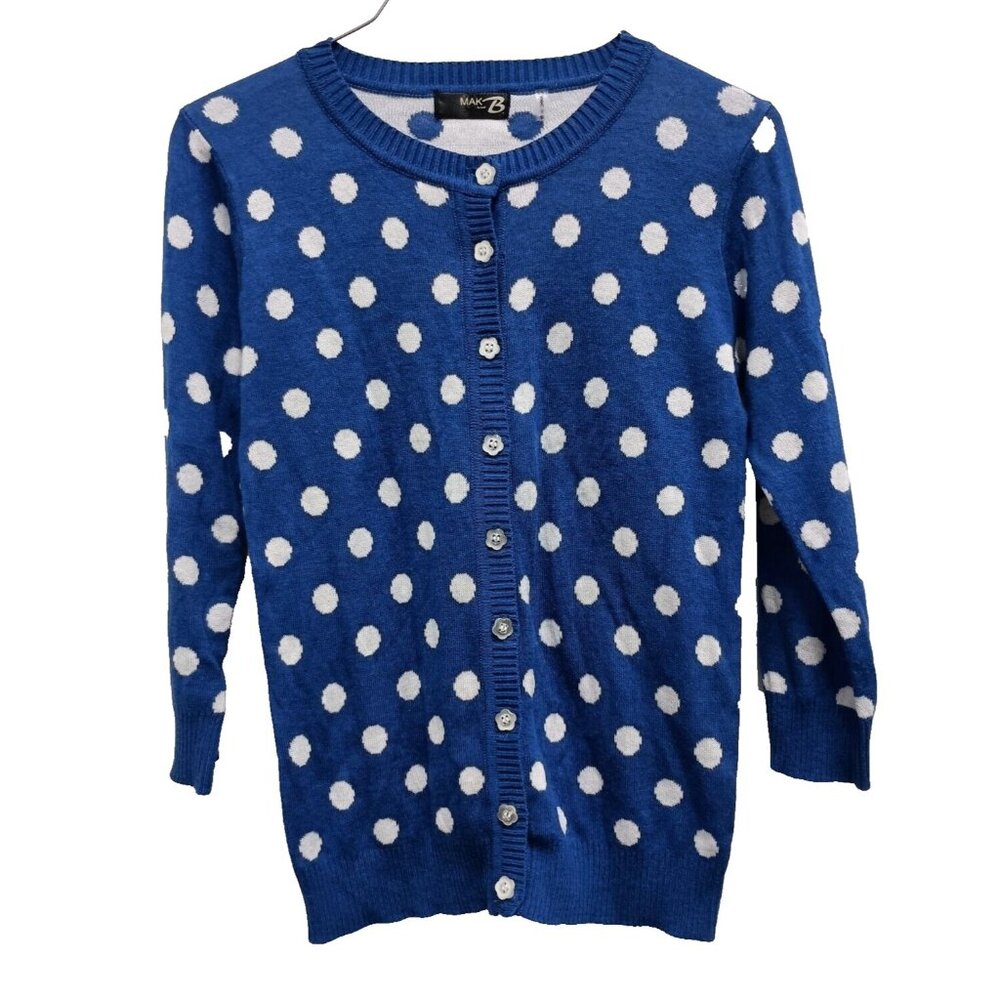 Mak B Womens Button Front Cardigan size‎ Small Blue White Polka Dot Retro